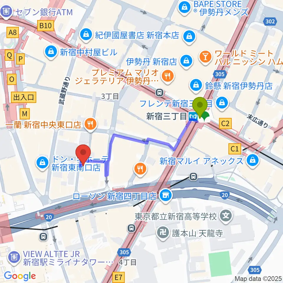 K’s cinemaの最寄駅新宿三丁目駅からの徒歩ルート（約3分）地図