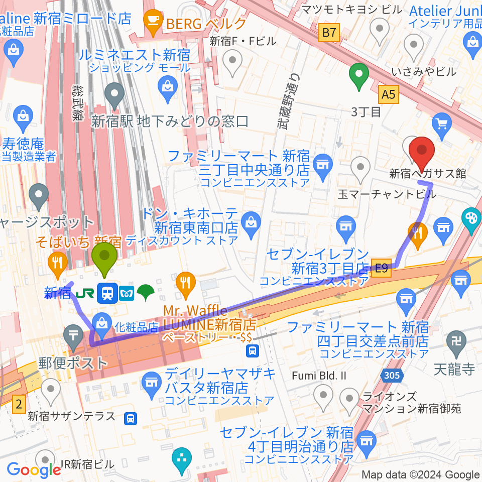 新宿駅からdu cafe新宿へのルートマップ地図