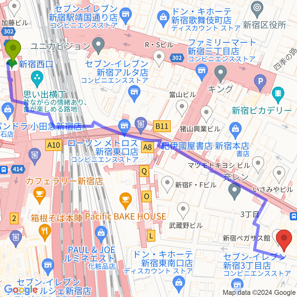 新宿西口駅からdu cafe新宿へのルートマップ地図