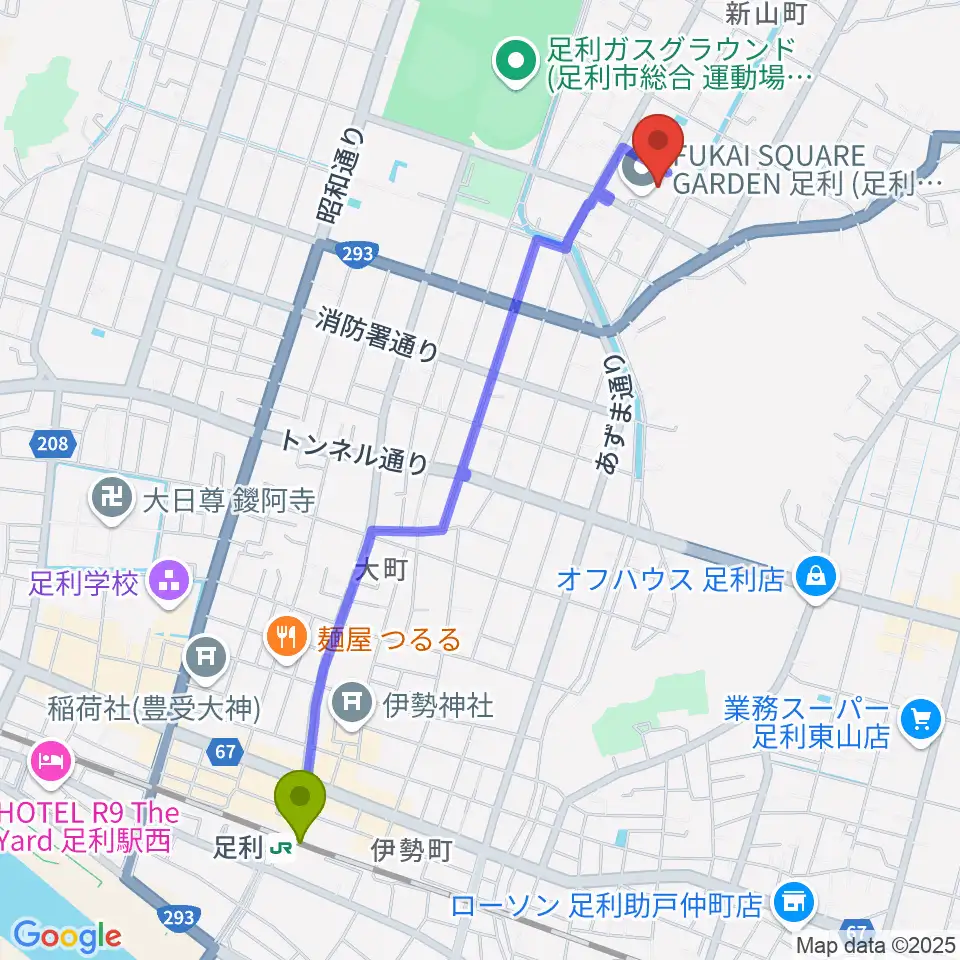 FUKAI SQUARE GARDEN 足利の最寄駅足利駅からの徒歩ルート（約24分）地図