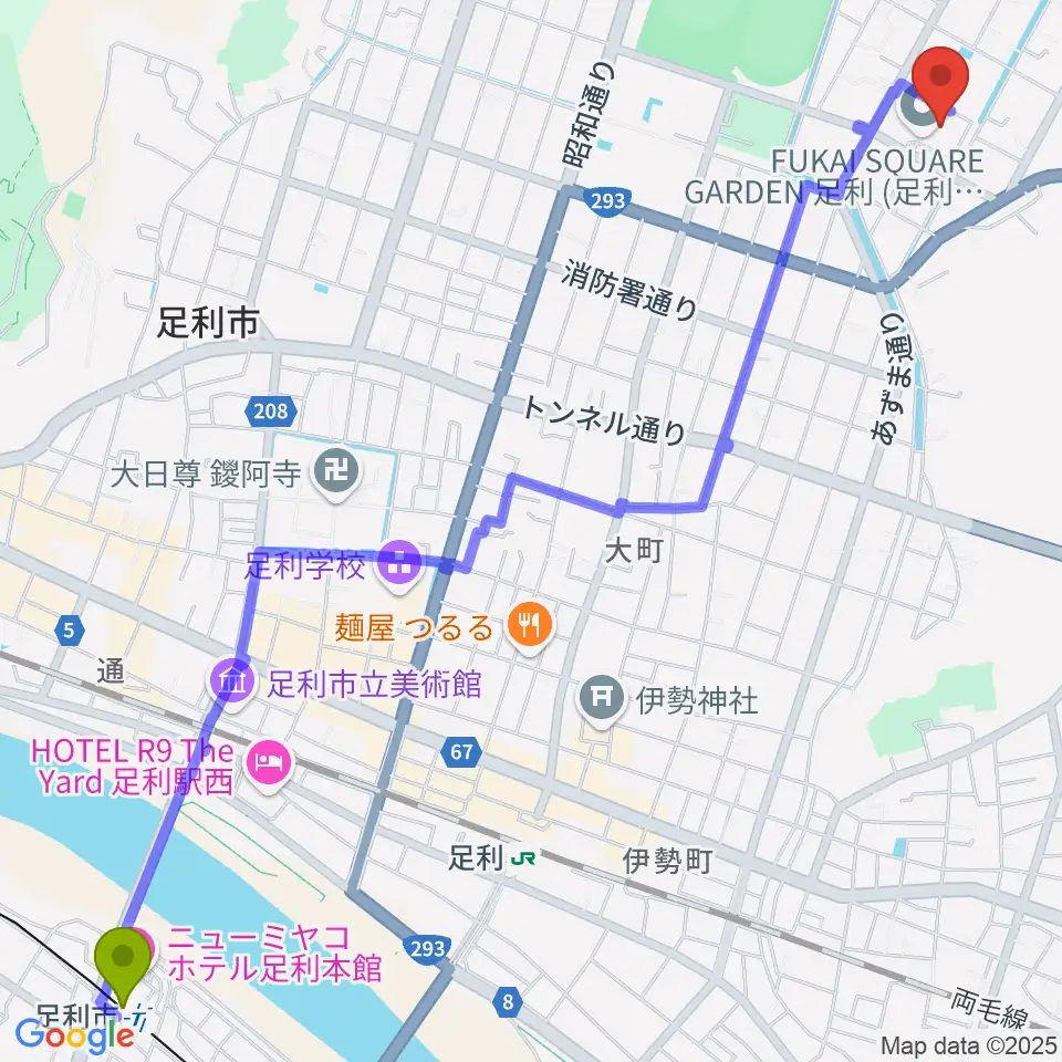 足利市駅からFUKAI SQUARE GARDEN 足利へのルートマップ地図