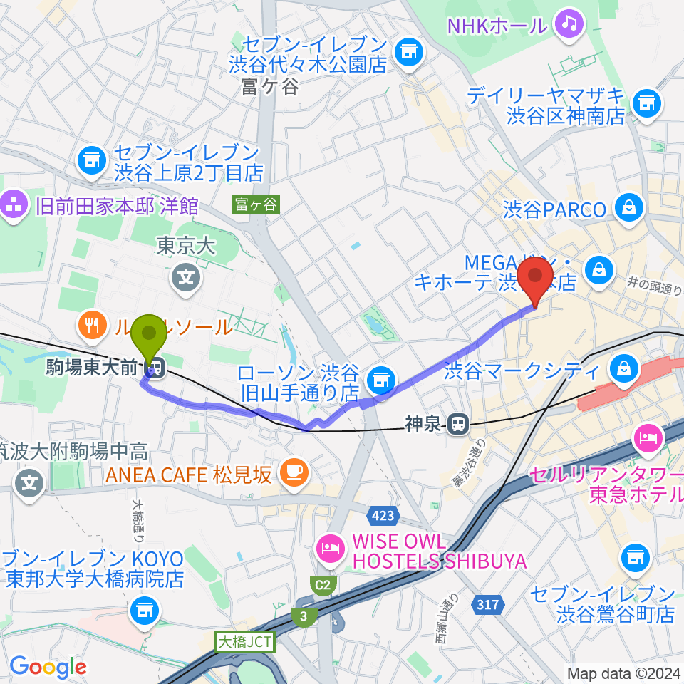 駒場東大前駅から渋谷DAIAへのルートマップ地図