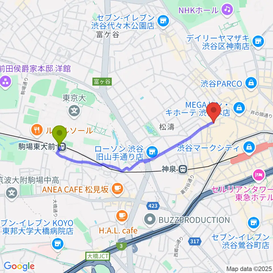 駒場東大前駅から渋谷DAIAへのルートマップ地図