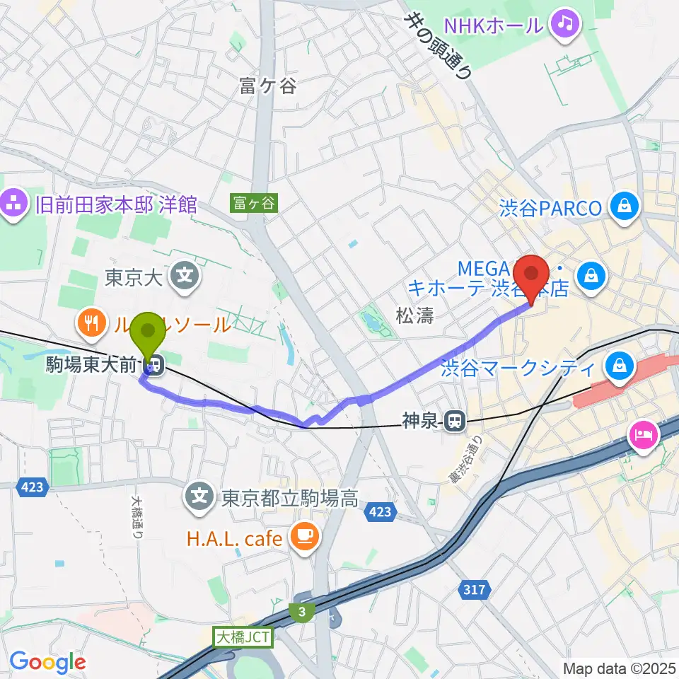 駒場東大前駅から渋谷DAIAへのルートマップ地図
