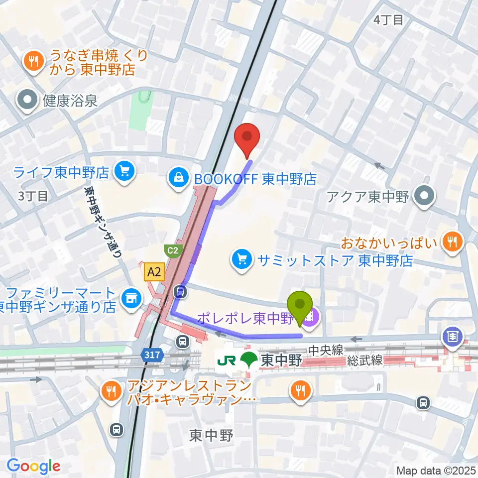 東中野ドラムの最寄駅東中野駅からの徒歩ルート（約3分）地図