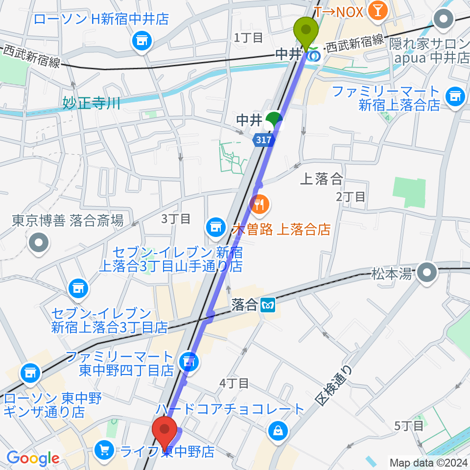 中井駅から東中野ドラムへのルートマップ地図