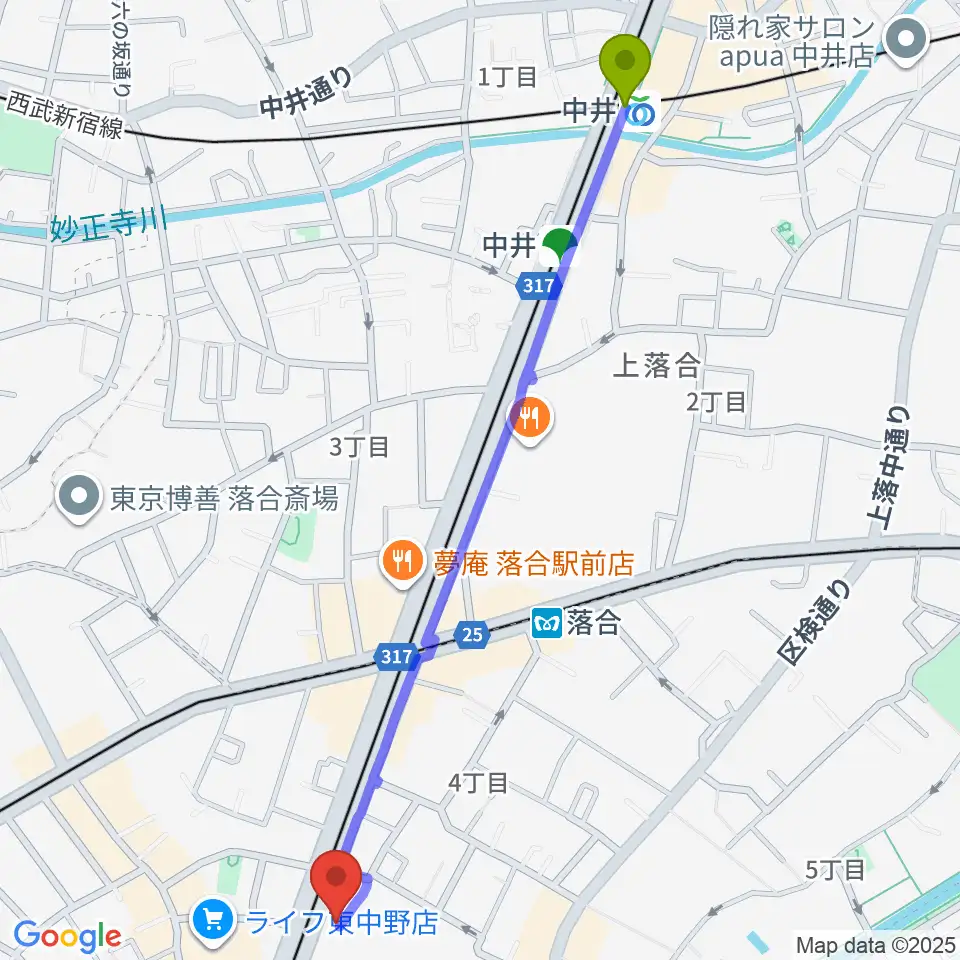 中井駅から東中野ドラムへのルートマップ地図