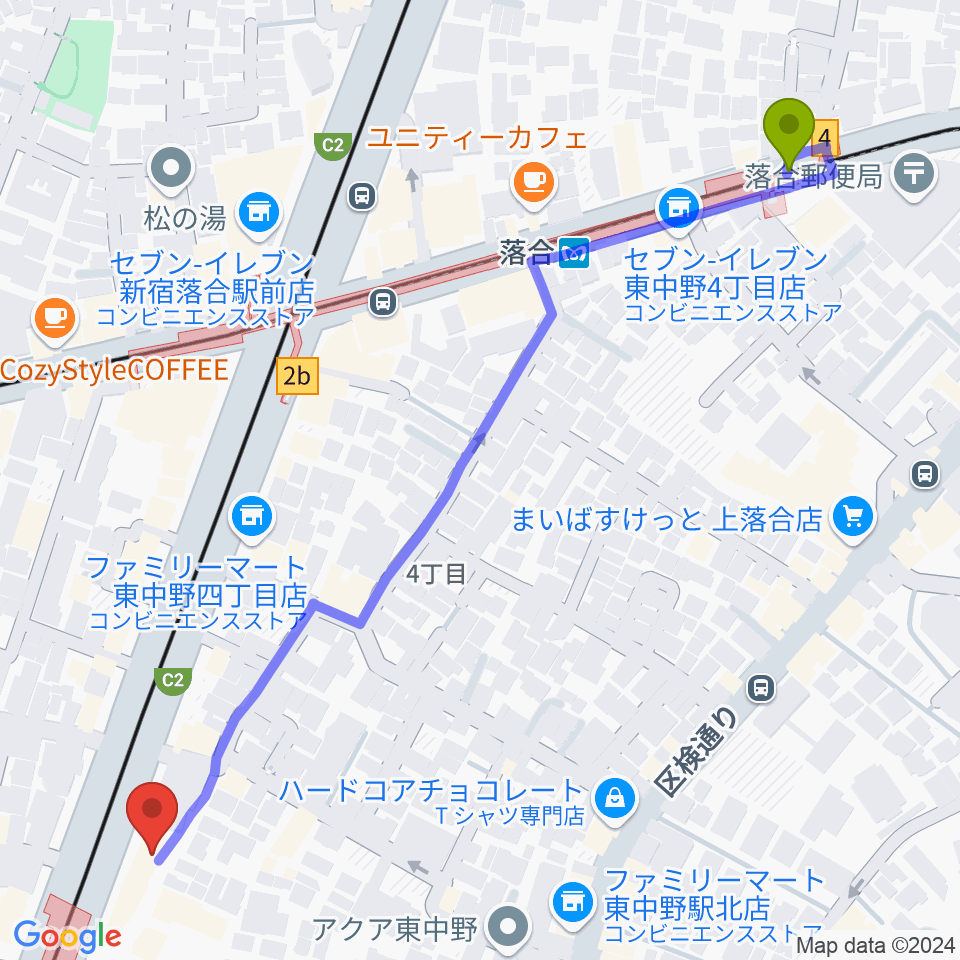 落合駅から東中野ドラムへのルートマップ地図