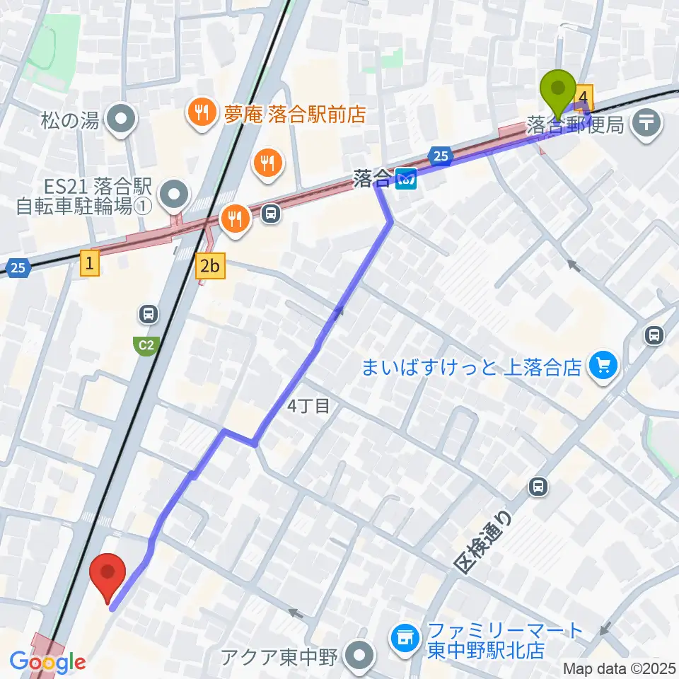 落合駅から東中野ドラムへのルートマップ地図