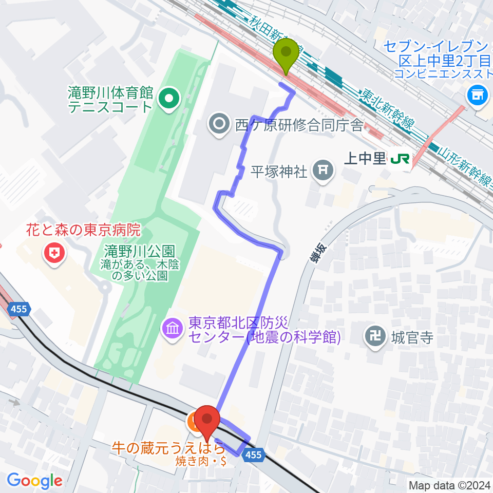 上中里駅からスタジオスカウトへのルートマップ地図