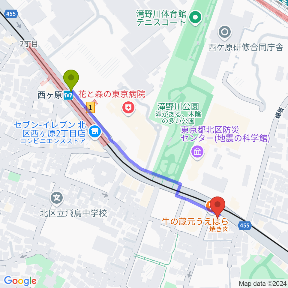 スタジオスカウトの最寄駅西ケ原駅からの徒歩ルート（約5分）地図