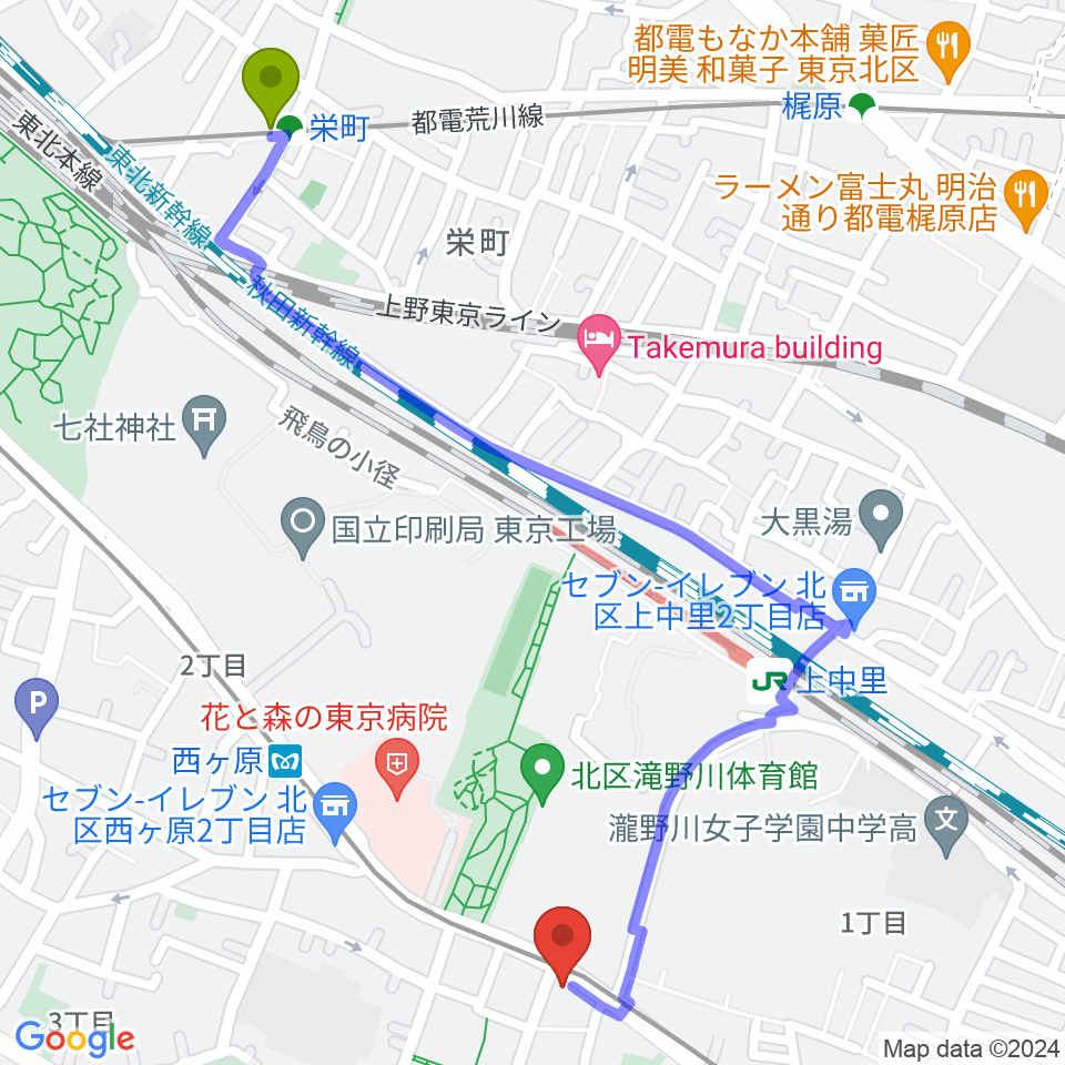 栄町駅からスタジオスカウトへのルートマップ地図