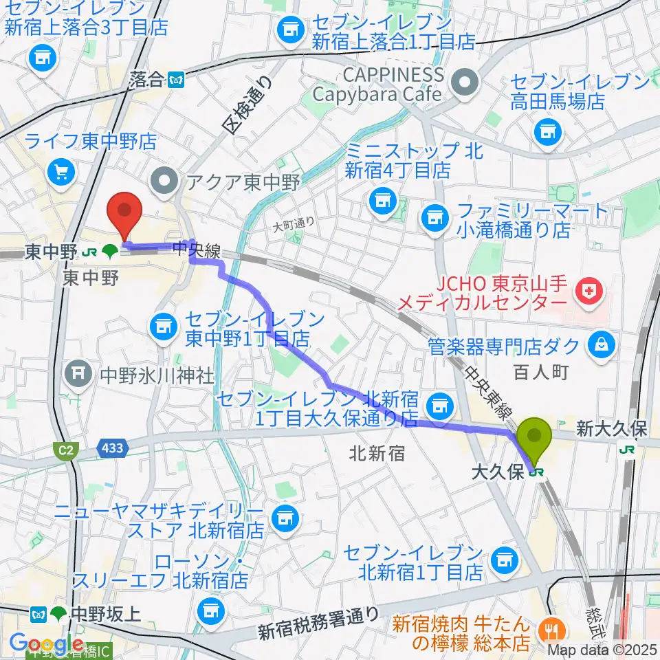 大久保駅からポレポレ東中野へのルートマップ地図