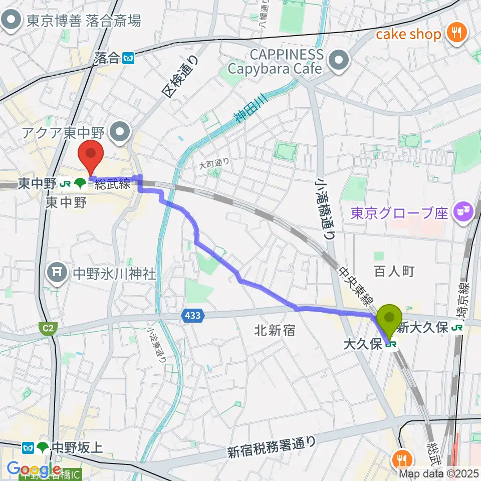 大久保駅からポレポレ東中野へのルートマップ地図