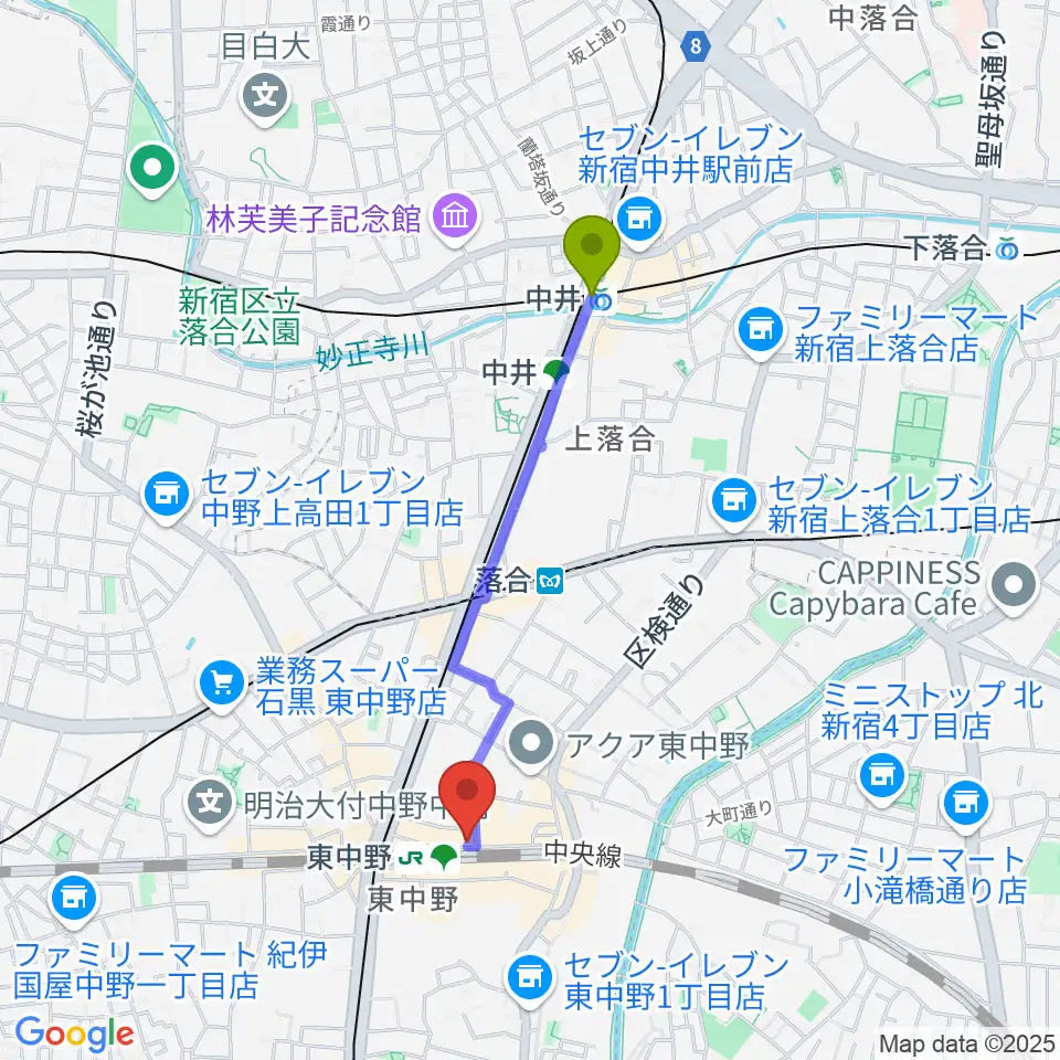 中井駅からポレポレ東中野へのルートマップ地図
