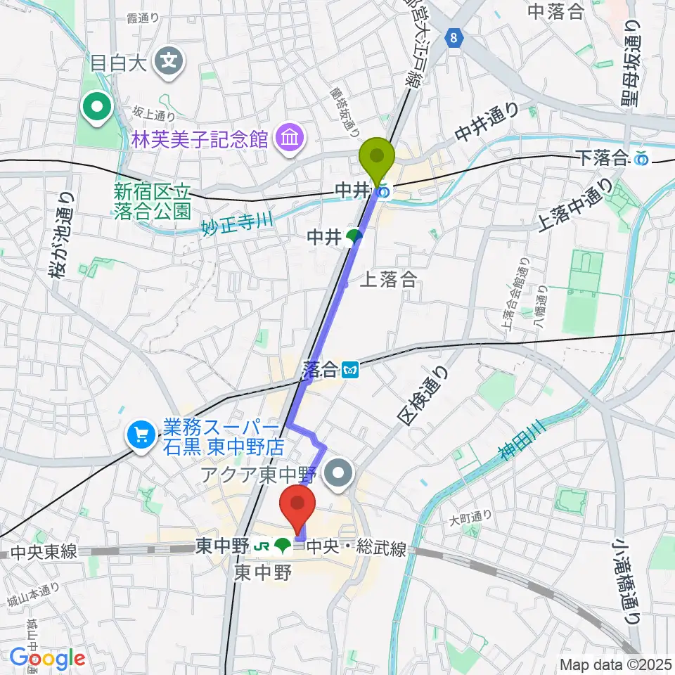 中井駅からポレポレ東中野へのルートマップ地図