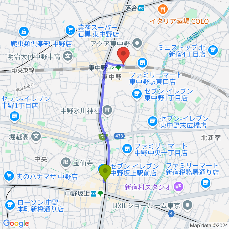 中野坂上駅からポレポレ東中野へのルートマップ地図