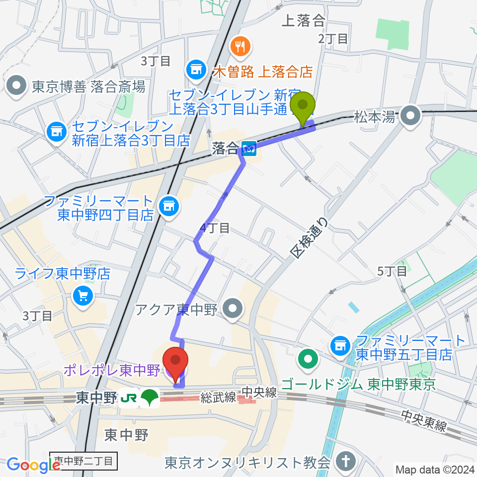 落合駅からポレポレ東中野へのルートマップ地図