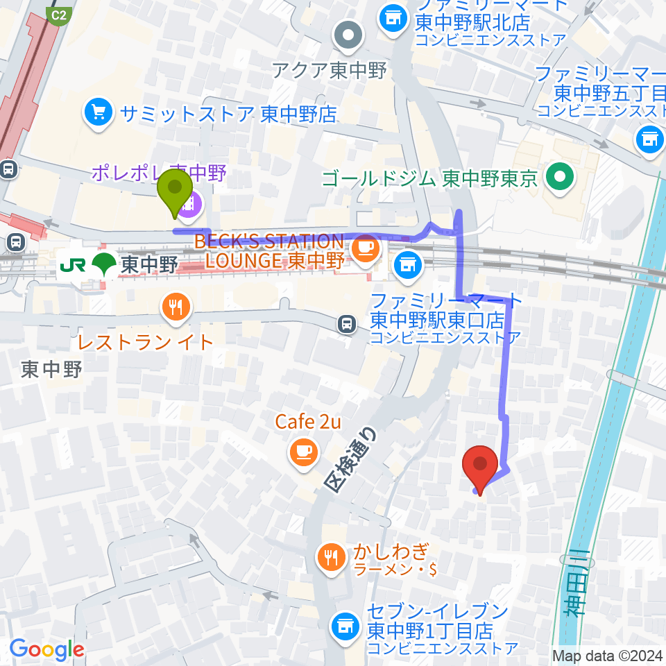 山本ミュージック・コーナーの最寄駅東中野駅からの徒歩ルート（約5分）地図