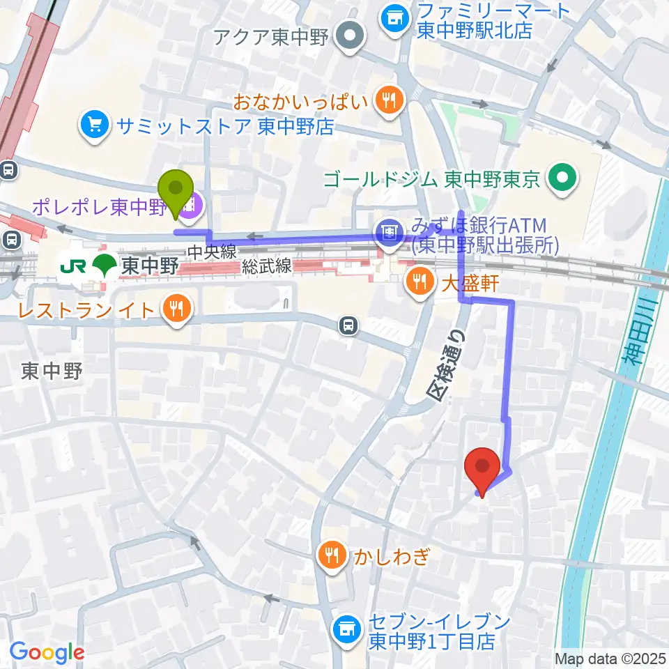 山本ミュージック・コーナーの最寄駅東中野駅からの徒歩ルート（約5分）地図