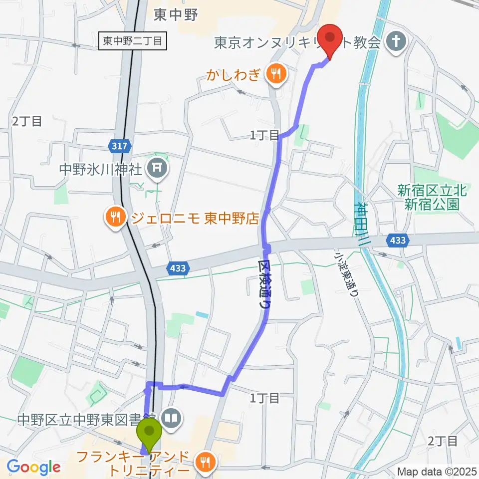 中野坂上駅から山本ミュージック・コーナーへのルートマップ地図