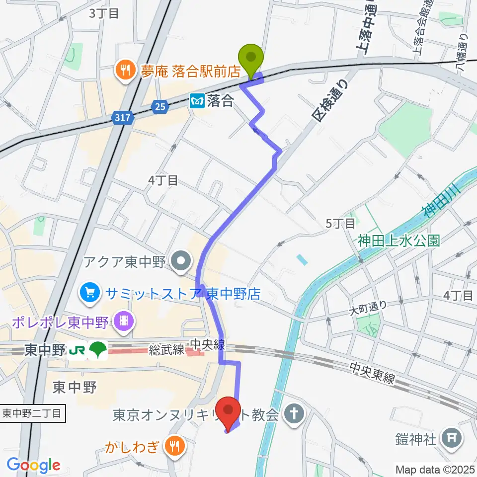 落合駅から山本ミュージック・コーナーへのルートマップ地図