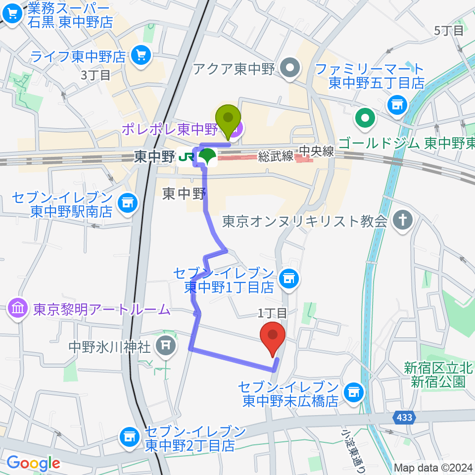 東中野バニラスタジオの最寄駅東中野駅からの徒歩ルート（約7分）地図