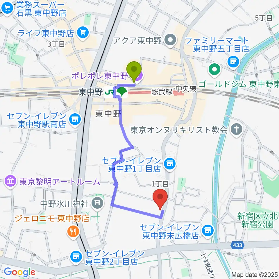 東中野バニラスタジオの最寄駅東中野駅からの徒歩ルート（約7分）地図