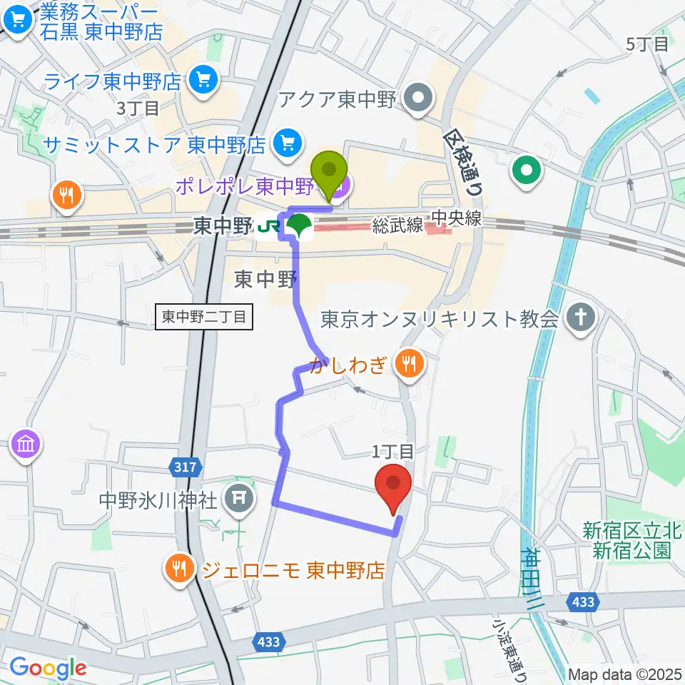 東中野バニラスタジオの最寄駅東中野駅からの徒歩ルート（約7分）地図