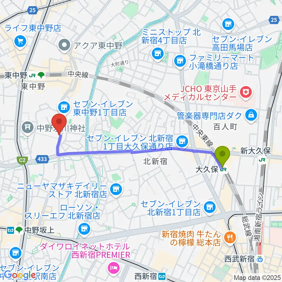 大久保駅から東中野バニラスタジオへのルートマップ地図