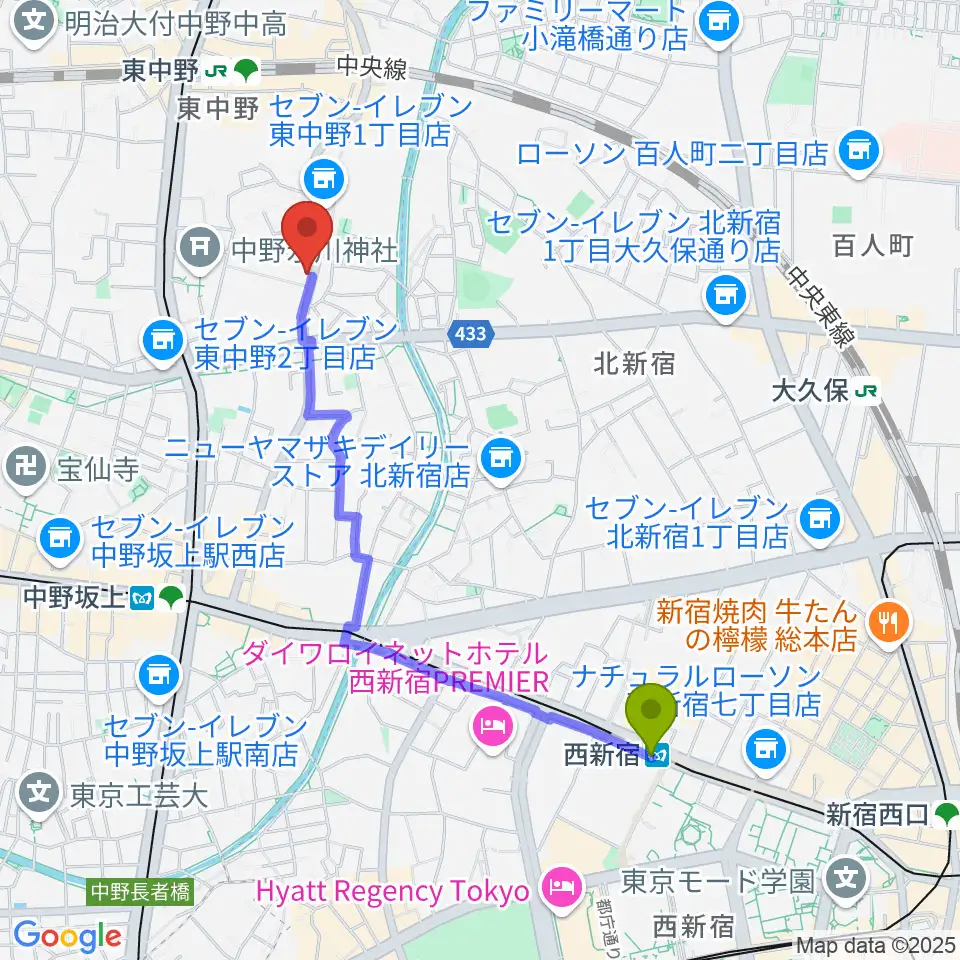 西新宿駅から東中野バニラスタジオへのルートマップ地図