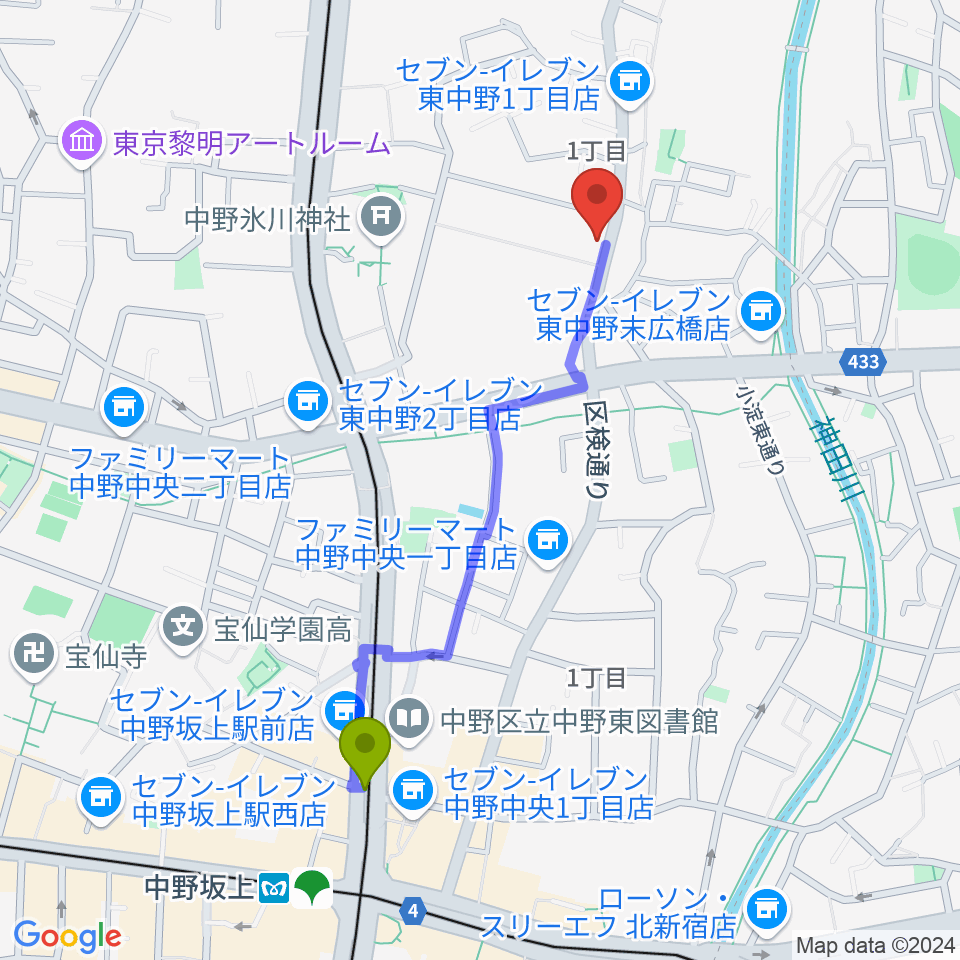 中野坂上駅から東中野バニラスタジオへのルートマップ地図
