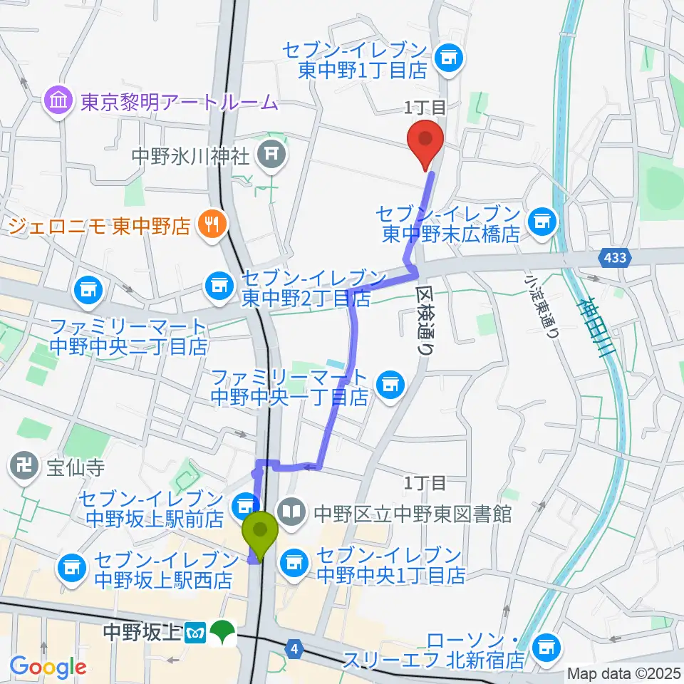 中野坂上駅から東中野バニラスタジオへのルートマップ地図