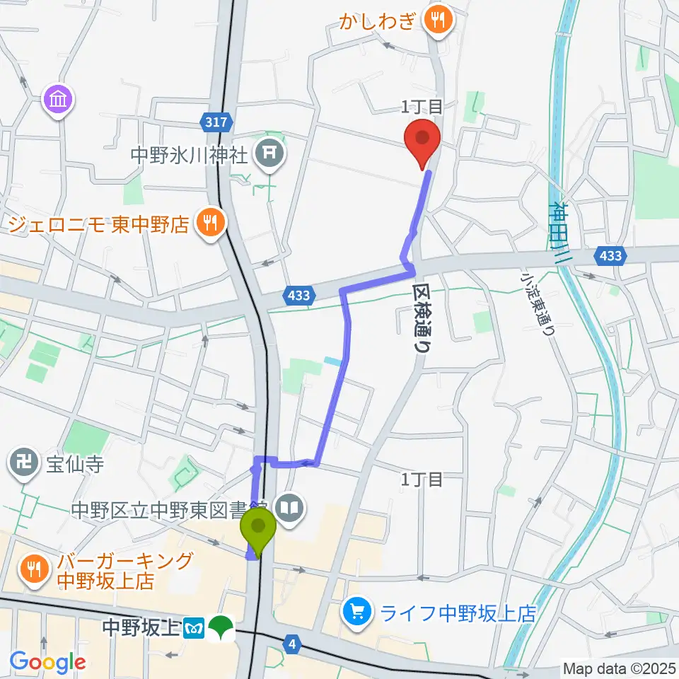 中野坂上駅から東中野バニラスタジオへのルートマップ地図