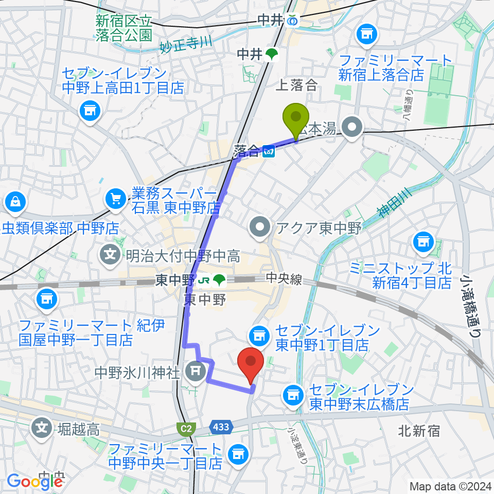 落合駅から東中野バニラスタジオへのルートマップ地図