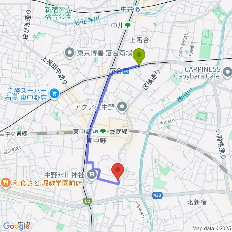 落合駅から東中野バニラスタジオへのルートマップ地図