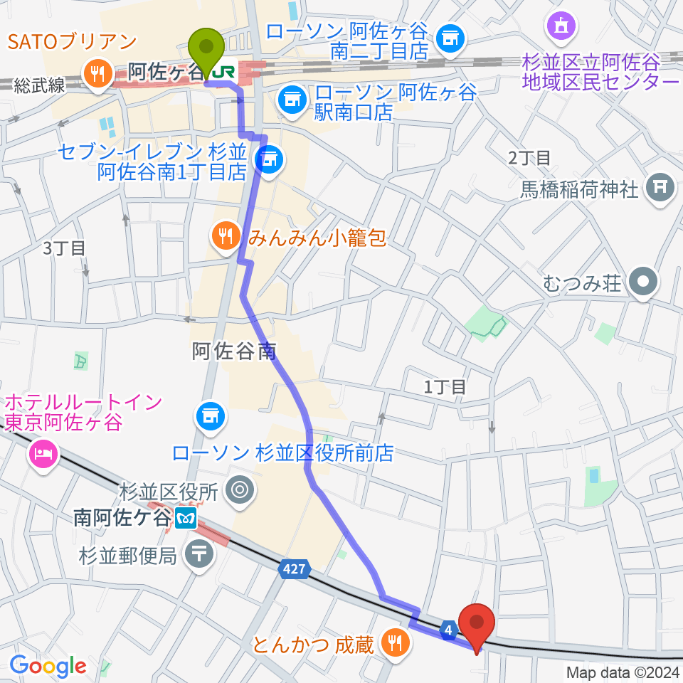 阿佐ケ谷駅から南阿佐ヶ谷ひつじ座へのルートマップ地図