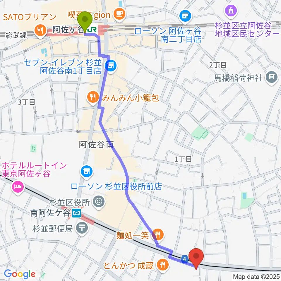 阿佐ケ谷駅から南阿佐ヶ谷ひつじ座へのルートマップ地図