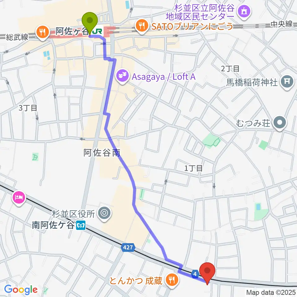 阿佐ケ谷駅から南阿佐ヶ谷ひつじ座へのルートマップ地図