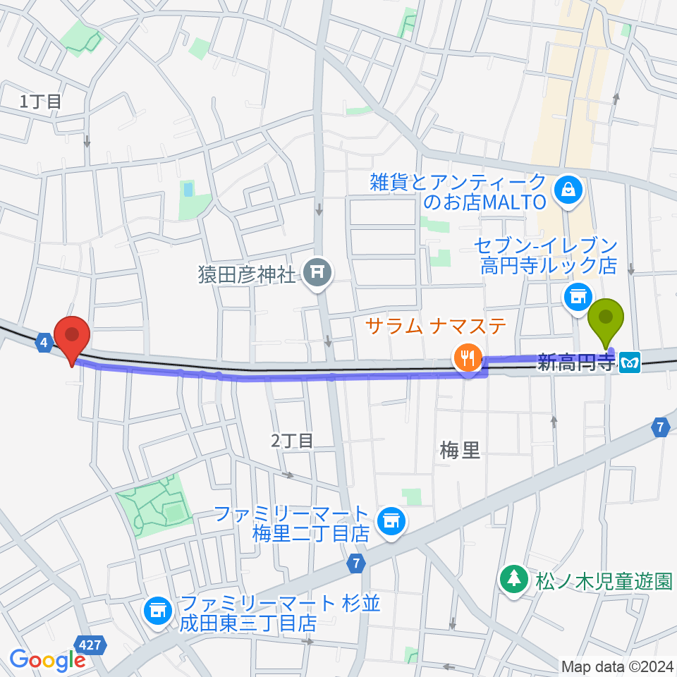 新高円寺駅から南阿佐ヶ谷ひつじ座へのルートマップ地図