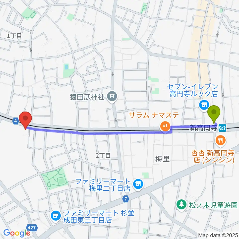 新高円寺駅から南阿佐ヶ谷ひつじ座へのルートマップ地図