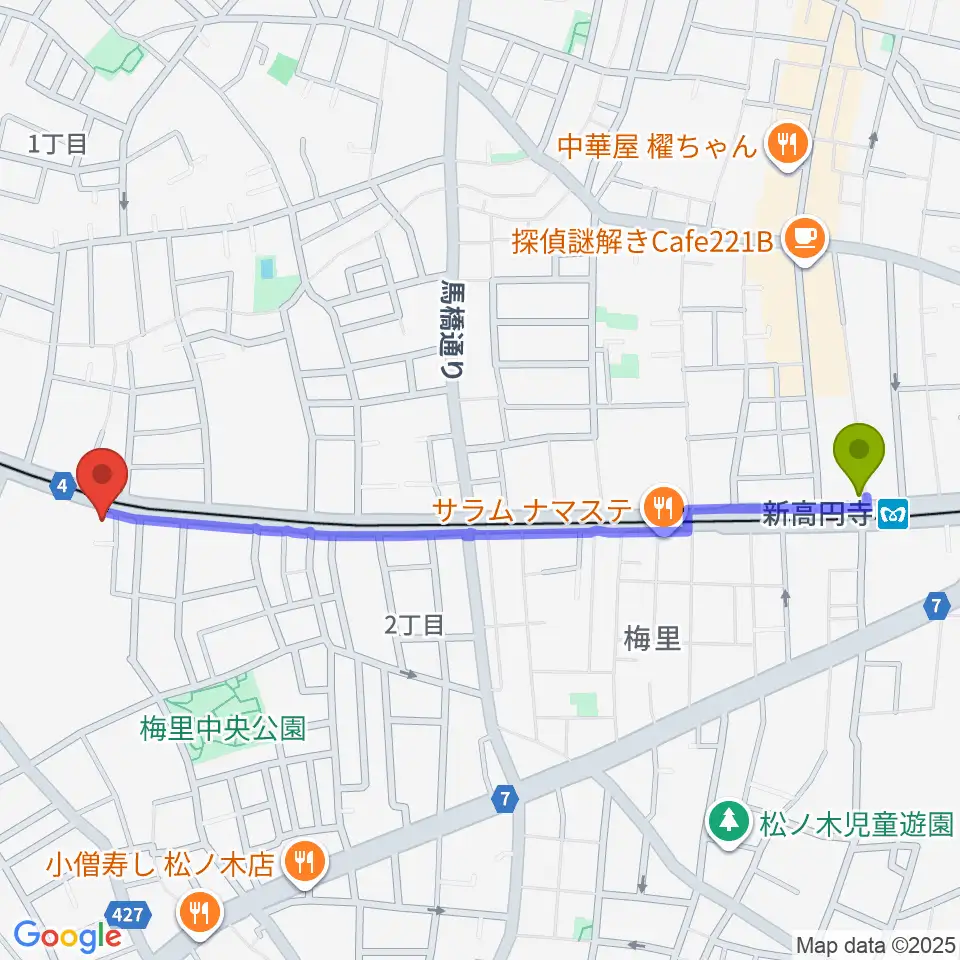 新高円寺駅から南阿佐ヶ谷ひつじ座へのルートマップ地図