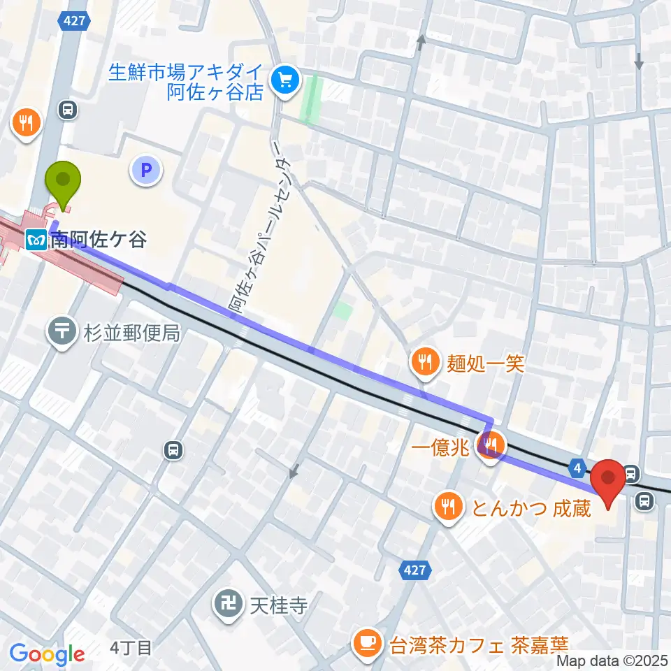 南阿佐ヶ谷ひつじ座の最寄駅南阿佐ケ谷駅からの徒歩ルート（約7分）地図