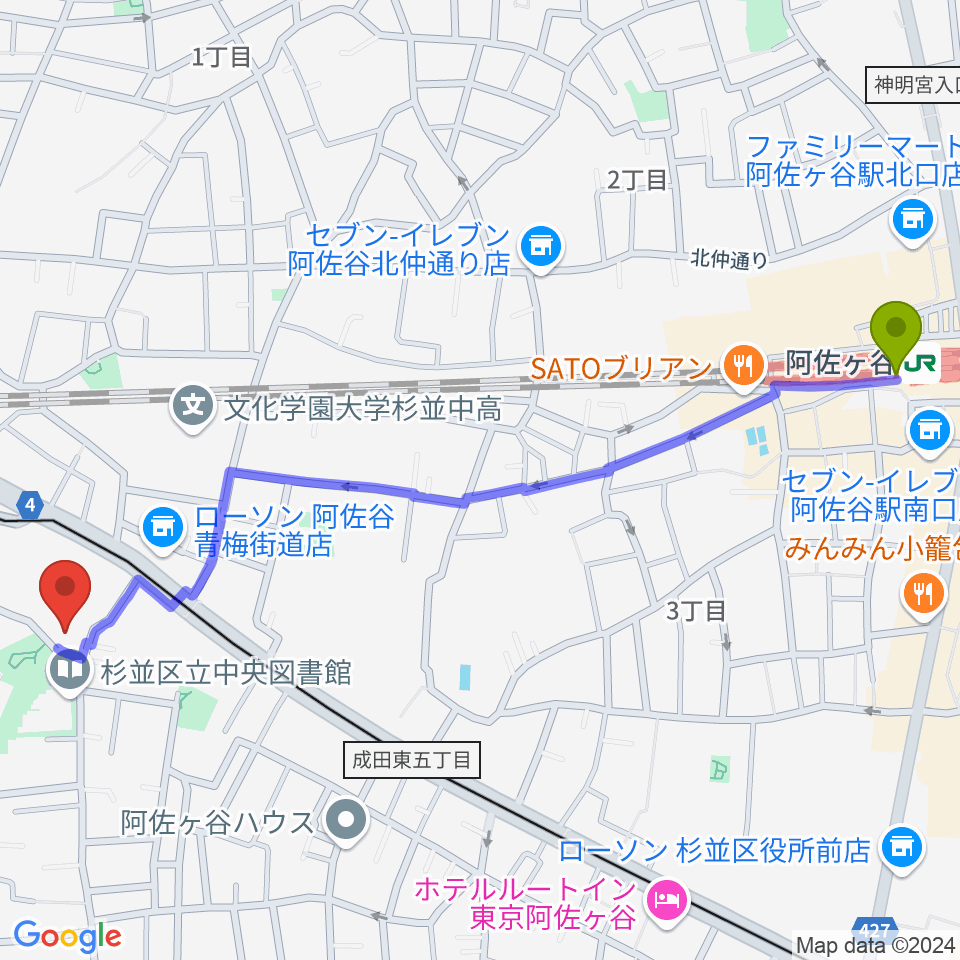 阿佐ケ谷駅から荻窪体育館へのルートマップ地図