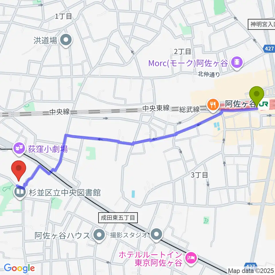 阿佐ケ谷駅から荻窪体育館へのルートマップ地図