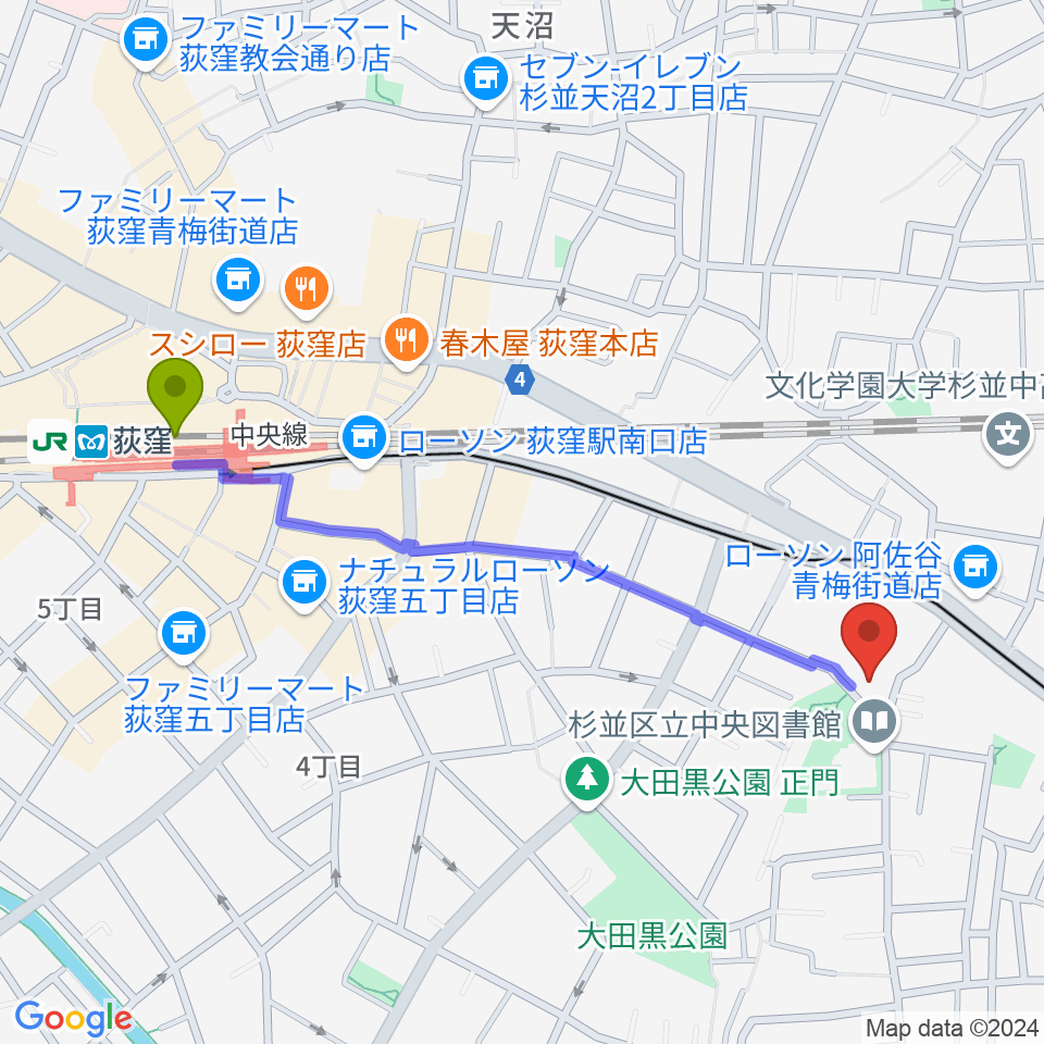 荻窪体育館の最寄駅荻窪駅からの徒歩ルート（約11分）地図