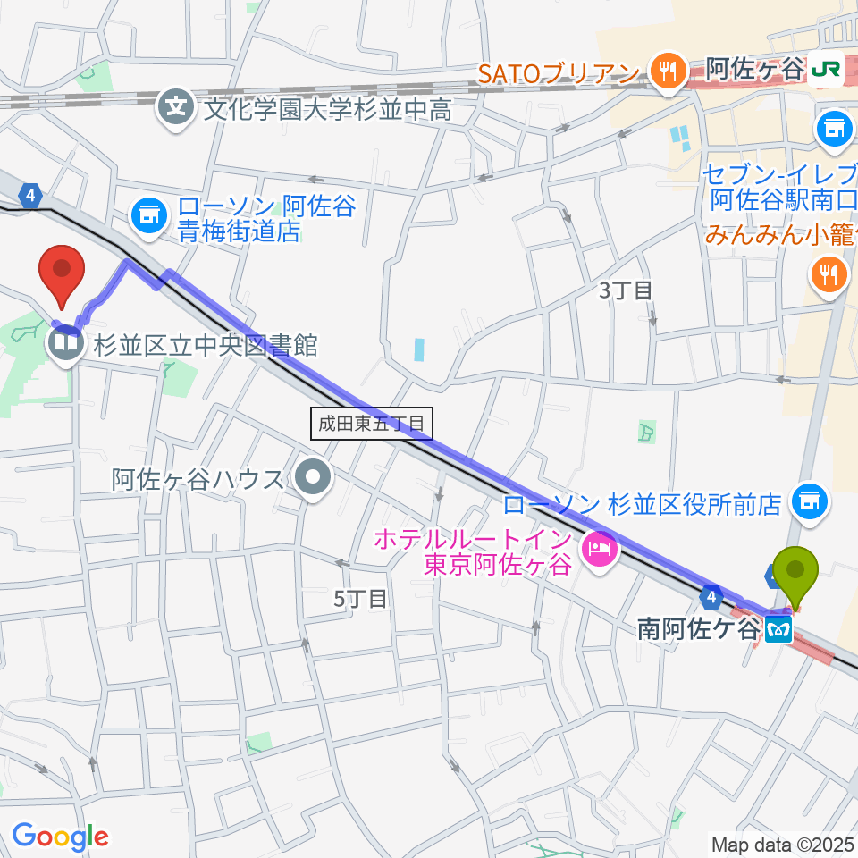 南阿佐ケ谷駅から荻窪体育館へのルートマップ地図