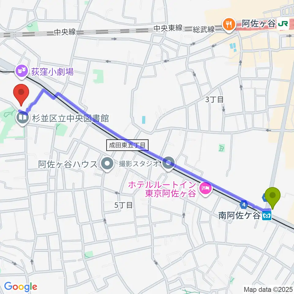 南阿佐ケ谷駅から荻窪体育館へのルートマップ地図