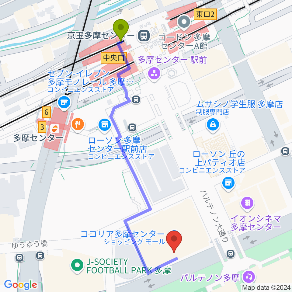 ココリア多摩センター ココリアホールの最寄駅京王多摩センター駅からの徒歩ルート（約6分）地図