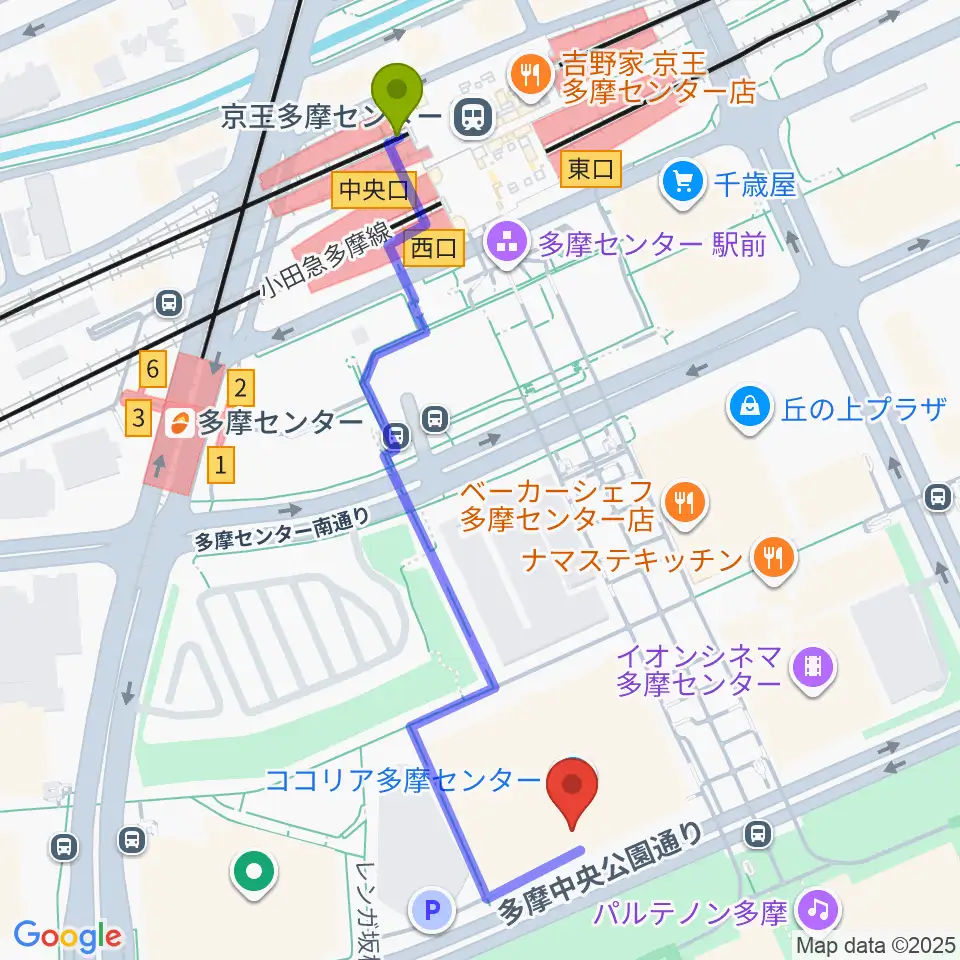 ココリア多摩センター ココリアホールの最寄駅京王多摩センター駅からの徒歩ルート（約6分）地図